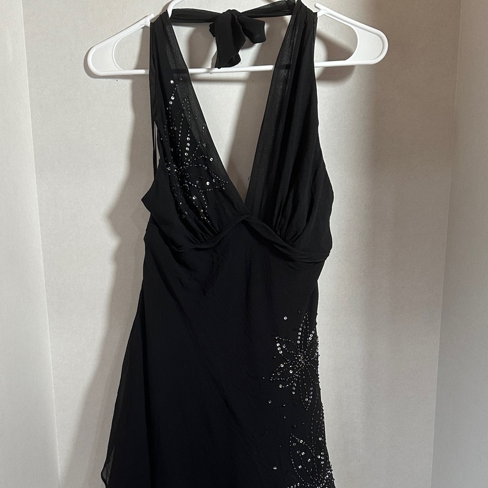 Nine West black silk beaded halter dress size 14